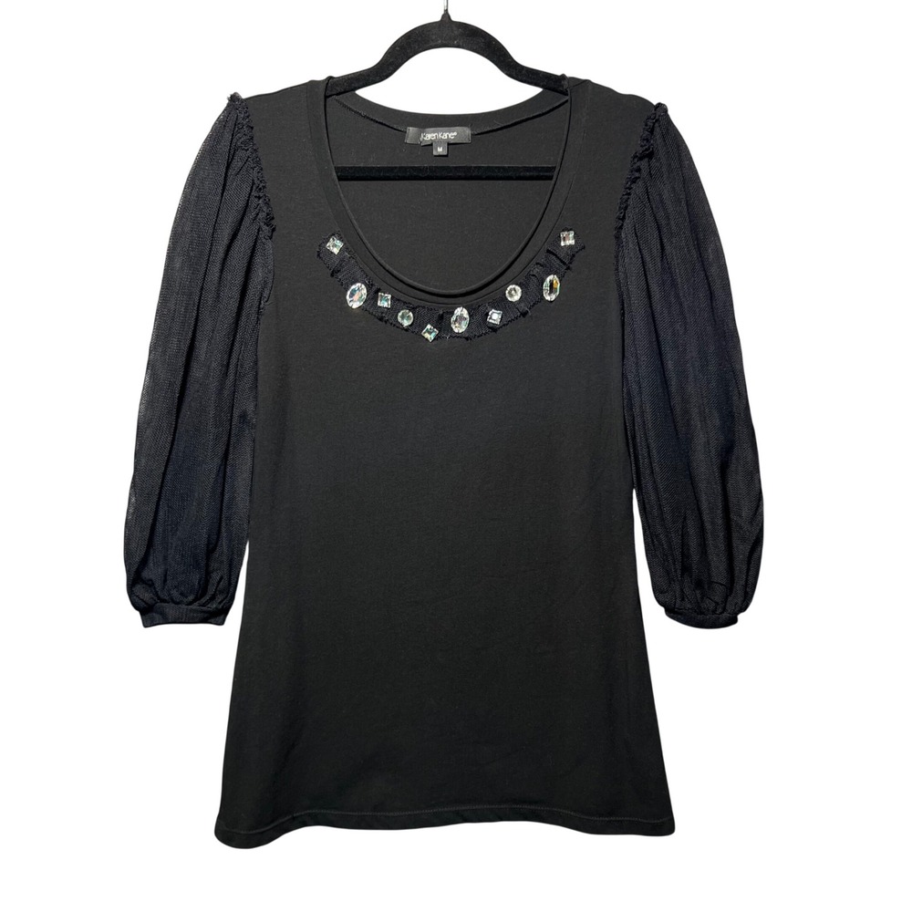 Karen Kane Black Embellished‎ Scoop Neck Top Mesh Balloon 3/4 Sleeve Size M